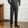 Vintage High-Waisted Striped Wool Pants in Napoli Style, Gray-Black Stripe Pattern
