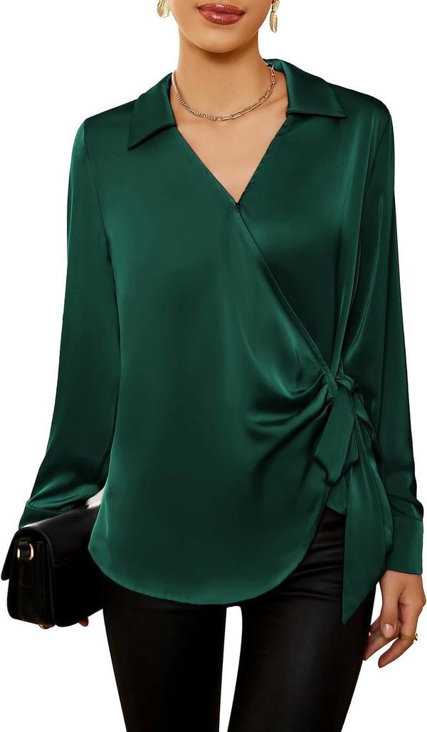 Elegant Lace-up Long Sleeve Shirt for Women in Various Colors - Waist-Trimming Milk Silk Top