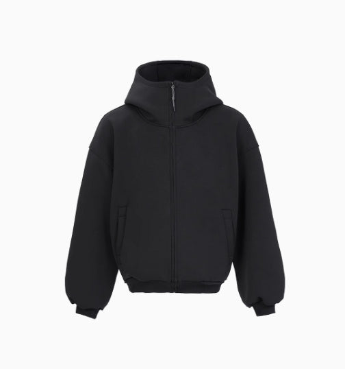 Men's Thickened Zipper Hooded Sweater Cardigan in Black - Cozy Polyester Coat for Winter Wear