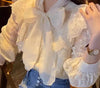 Chic Lace Top with Elegant Bow Detail in Apricot Hue - Long Sleeve, Polyester Fabric - Women's Fashion Piece - Sizes: S, M, L, XL
