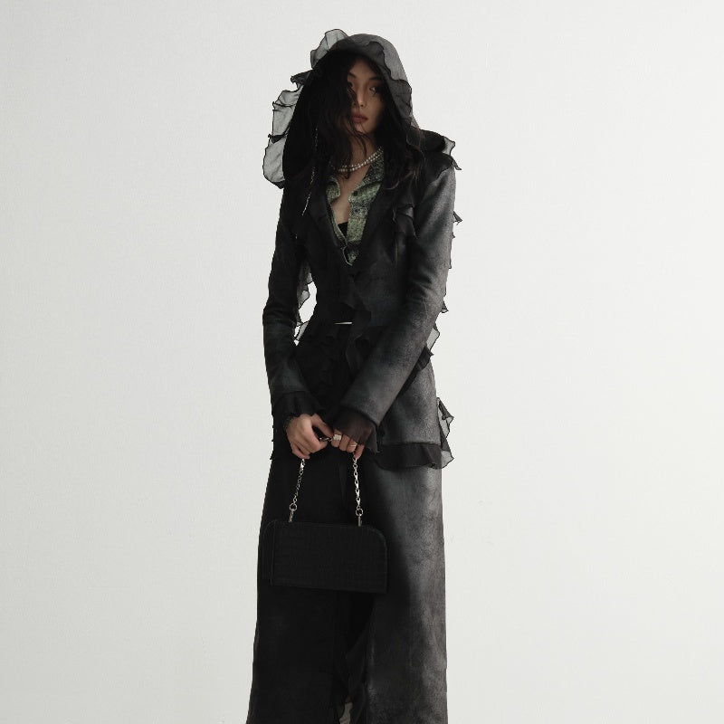 Classy Dalian Slim-Fit Suede Overcoat with Ruffle Detailing in Black Polyester Material.