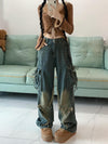 Vintage Star Design High-Waist Slim-Fit Jeans in Coated Denim - Dark Blue Distressed Style - Sizes S to XL