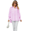 Women's Striped Pleated Cuff Loose Top in Black and Pink Stripes, Long Sleeve Polyester Shirt, Plus Size Fashion, Chic Style.