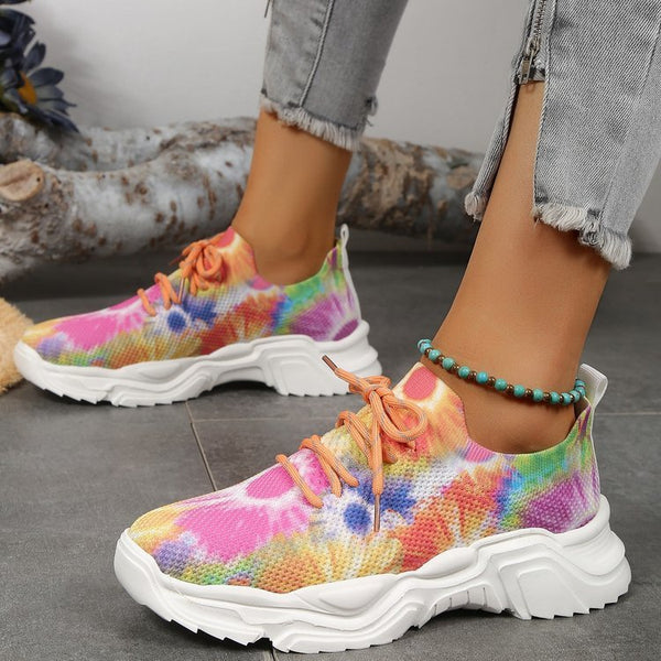Feminine Floral Print Sports Shoes, Flat Sole, Plus Sizes Available in Breathable Mesh - Casual Elegance for Women.