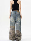 Vintage Camo Patchwork Ripped Denim Jeans in Blue - Men's Streetwear Fashion - Mid-Waist, Full Length - Sizes S to 2XL