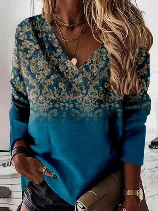 Chic Retro V-Neck Women's Long-Sleeve T-shirt in 3D Prints
