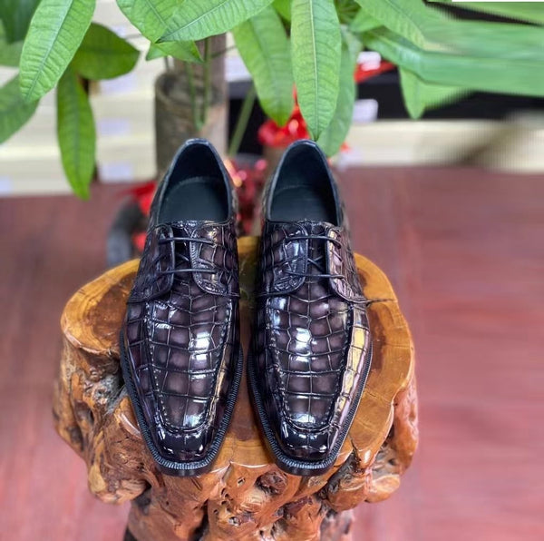 Luxurious Crocodile Skin Leather Low Top Shoes - Sleek & Breathable Business Casual Footwear - Black, Sizes 38-44