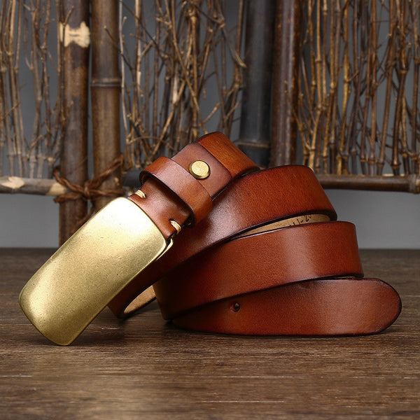 3.3CM Wide Thick Leather Belt Men Black Copper Buckle - Top Grain Cowhide Plain Pattern - 105cm 110cm 115cm 120cm 125cm Length.