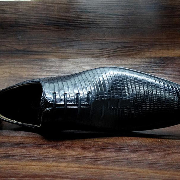 Men's Black Lizard Leather Derby Shoes - Handcrafted luxury with pointed toe, lace-up closure, and Goodyear welt construction. Sizes 37-44.