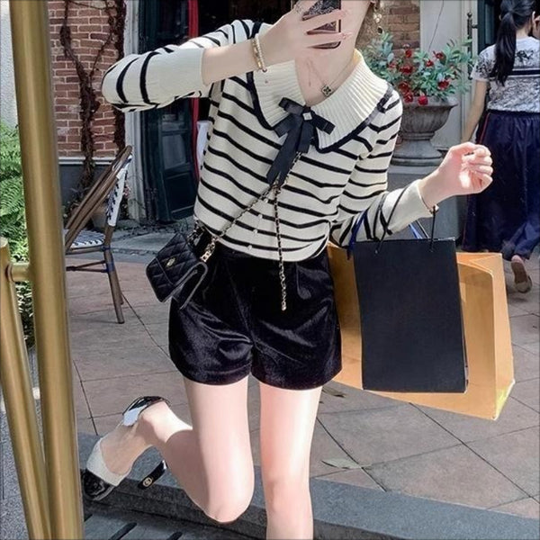 Chic Women's Doll Collar Sweater with Bow Pattern - Red/White | Buttoned Pullover for Casual Wear - One Size - Polyester Quality