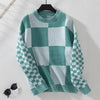 Autumn Color Block Plaid Sweater in Khaki, Green - Women's Slim-fit Pullover with Long Sleeves - Stylish and Comfortable Polyester Material.