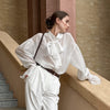 Chic Crepe Bell Sleeve Shirt with Bow Tie, See-Through Style - Elegant and Stylish Women's Fashion.