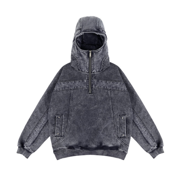 Men's Distressed Hooded Sweater in Grey, Fleece-Lined Pullover for Fall and Winter