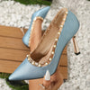 Peacock blue pearl studded heels, chic mid-height pumps with pointed toe, perfect for stylish events and parties.