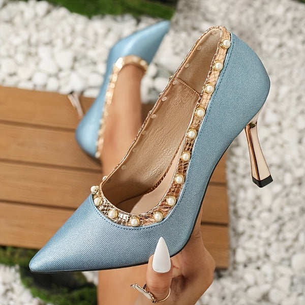Peacock blue pearl studded heels, chic mid-height pumps with pointed toe, perfect for stylish events and parties.