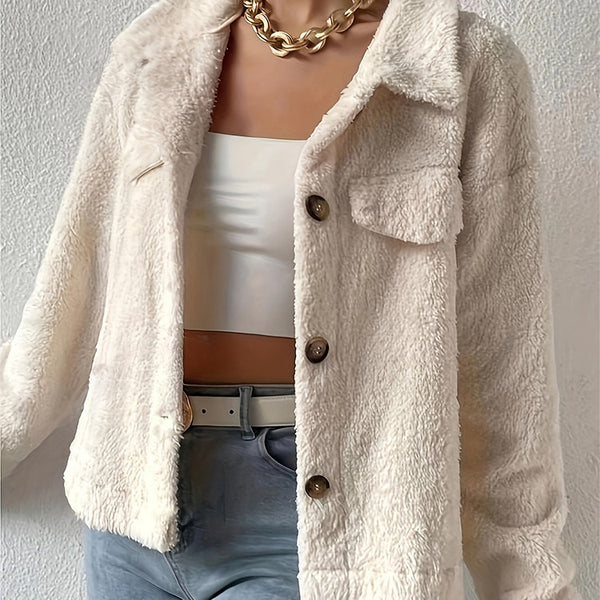 Chic White Velvet Lapel Woolen Coat, Japanese Korean Style, Polyester Fiber, Casual, White, S-XL Sizes, Solid Pattern.