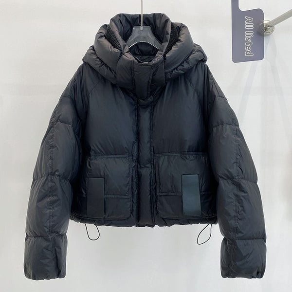 Chic Slimming Hooded Down Coat with White Duck Filling in Milky White, Black, Brown, Gray Green - Sizes M to 2XL