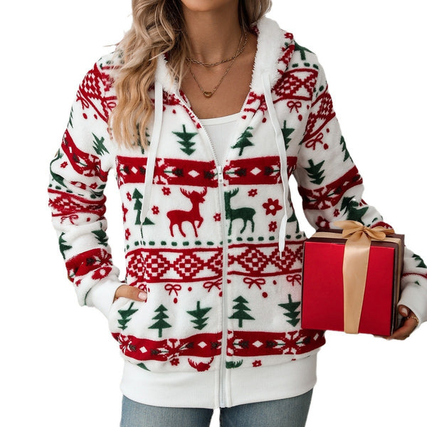 Festive Christmas Print Plush Cardigan in Classic White - Women's Holiday Outerwear with Regular Fit and Functional Pockets