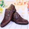 Elegant Men's Brown Leather Dress Shoes with Crocodile Skin Upper, Comfortable and Stylish Korean Style Footwear.