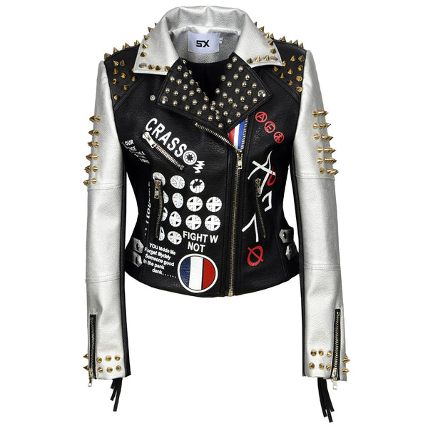Women's Edgy Graffiti Leather Jacket with Punk Style in Synthetic Leather