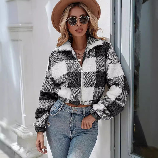 Chic Women's Striped & Plaid Short Coat in Black - Versatile & Stylish Female Outerwear with Stripes & Plaid Pattern, S-XL Sizes