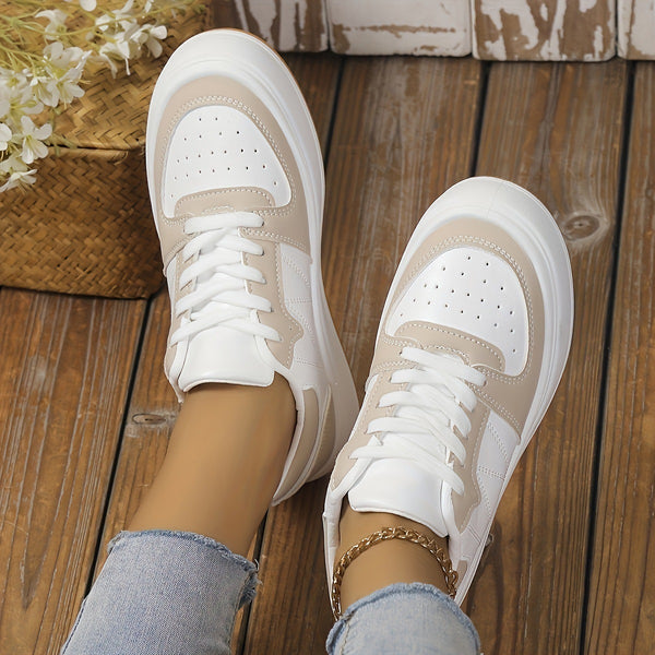 Stylish Women's Color-block Round Toe Sneakers, PU Material, All-Season Casual Shoes.
