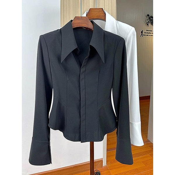 French Waist Slim Fit Blouse in Black or White for Women Workwear