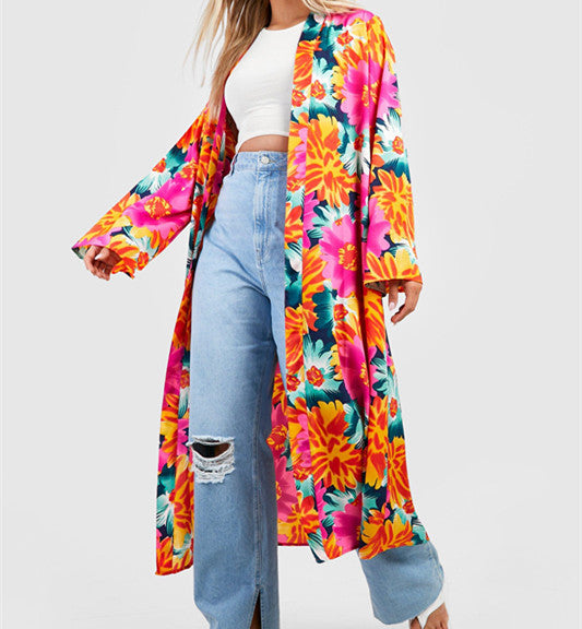 Stylish Geometric-Pattern Long Coat Pajamas/Cardigan - Blue Geometry Design - Cotton Blend - Four Seasons - XXS-XXXL Sizes.