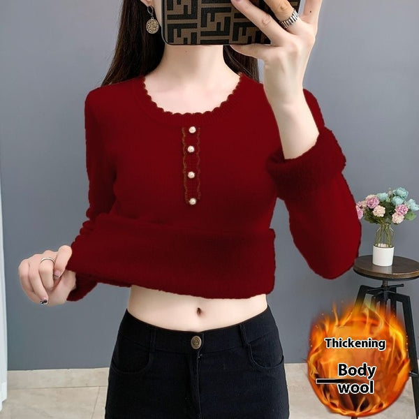 Fleece-Lined Round Neck Sweater in Multiple Colors - Women's Fall & Winter Style with Flying Sleeves