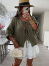 Chic 3/4 Sleeve Cardigan Sweater in Pink for Women - Lace-Up & Ruffled Sleeves, Polyester Fabric - Trendy Women's Clothing.