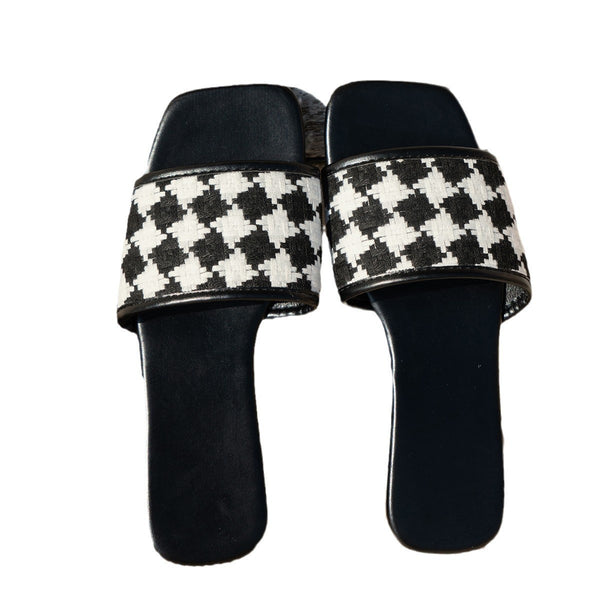 Stylish Plaid Beach Sandals with PU Leather Lining in Green, Apricot, and Black - Women's Casual Footwear
