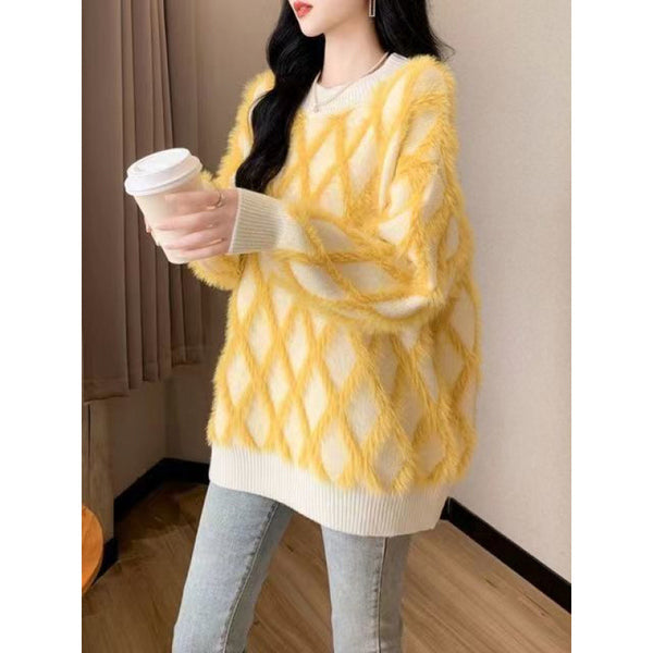 Women's Lazy Sweater in Pink, Flying Sleeves, Acrylic Fabric, Plus Size, Autumn & Winter Fashion, Design Sense