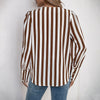 Elegant Striped Brown V-Neck Cardigan - Long Sleeve Loose Fit Polyester Winter Jacket