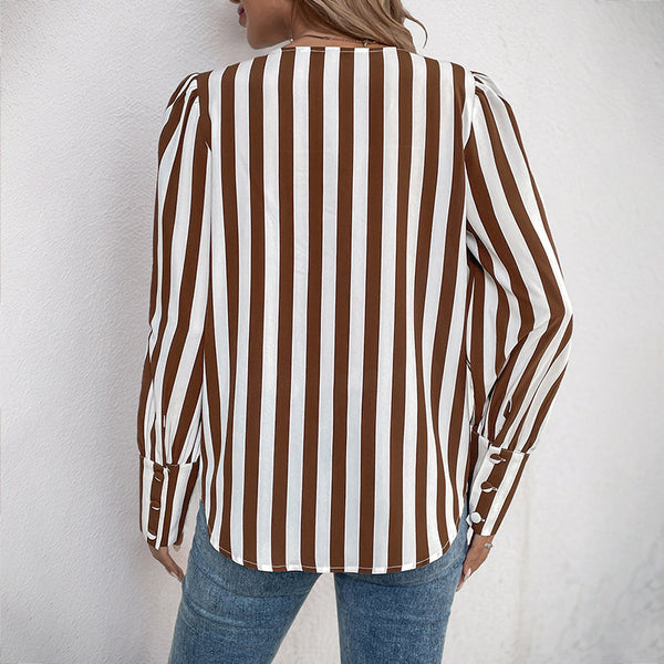 Elegant Striped Brown V-Neck Cardigan - Long Sleeve Loose Fit Polyester Winter Jacket