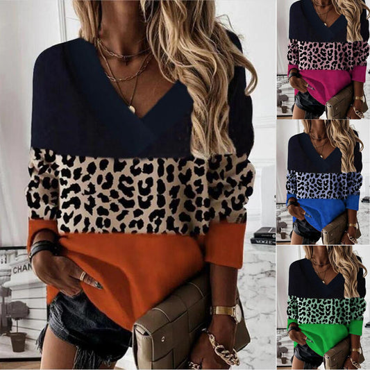 V-neck Leopard Print Splicing Long Sleeve Sweatshirt Tops