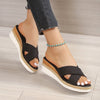 Plus Size Platform Wedge Cross Belt Slipper in Black, Camel or Apricot. Comfortable cloth cover with EVA sole for stylish, relaxing wear.