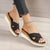 Plus Size Platform Wedge Cross Belt Slipper in Black, Camel or Apricot. Comfortable cloth cover with EVA sole for stylish, relaxing wear.