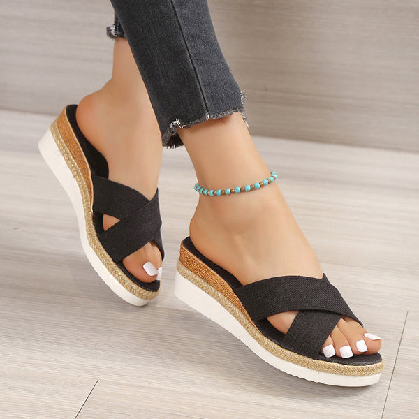 Plus Size Platform Wedge Cross Belt Slipper in Black, Camel or Apricot. Comfortable cloth cover with EVA sole for stylish, relaxing wear.