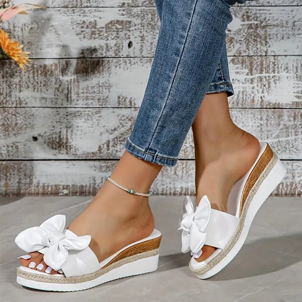 Chic PU Leather Wedge Bow Slippers - Black/White - Size 36-42 - Women's Casual Footwear