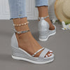 Women's Rhinestone Accent Muffin Heel Sandals in Black - Peep Toe, Rhinestone Detail, Comfortable Fit.