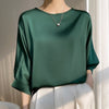 Chic Mulberry Silk Satin Cropped Top in Milky White - Women's Fashion - 3/4 Sleeve Loose Fit Shirt