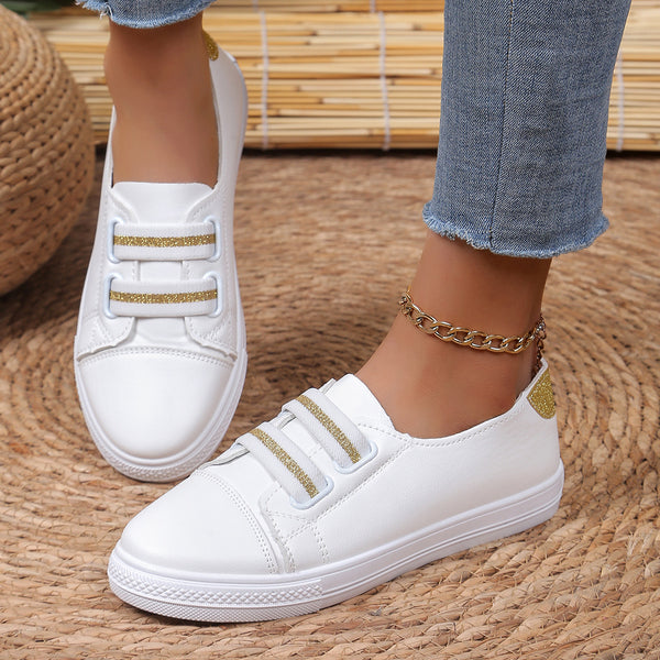 Versatile White Slip-on Casual Flats for Women, Comfortable Low Heel Shoes, Breathable PU Material, Rubber Sole, Available in Gold and Silver - Size 35-40.
