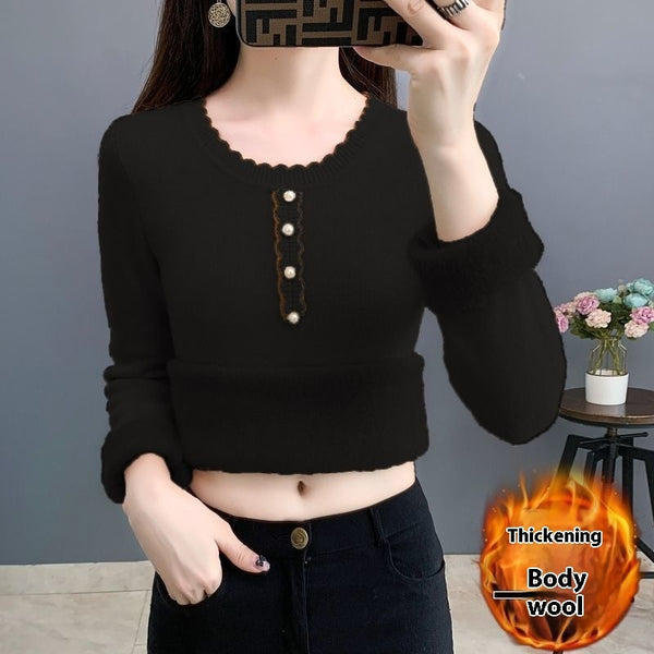 Fleece-Lined Round Neck Sweater - Flying Sleeves - Women's Winter Fashion