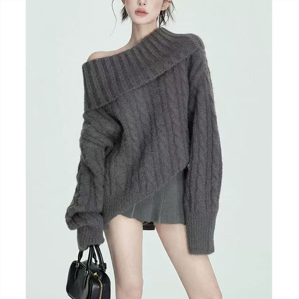 Chic Off-Shoulder Turtleneck Sweater in Soft Fabric - Gray Women's Pullover - Cozy Winter Wear - High-Quality Knit - Trendy Design