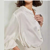 French Style Elegant Silk Shirt for Women - Orange and White Fall Fashion, Lantern Sleeves, Loose Fit - High Quality Silk Cardigan Chic.