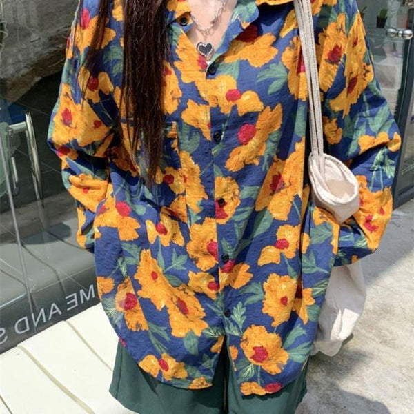 Trendy Long Sleeve Patterned Loose Fit Top in Polyester - Button Print Style - Women's Fashion Clothing