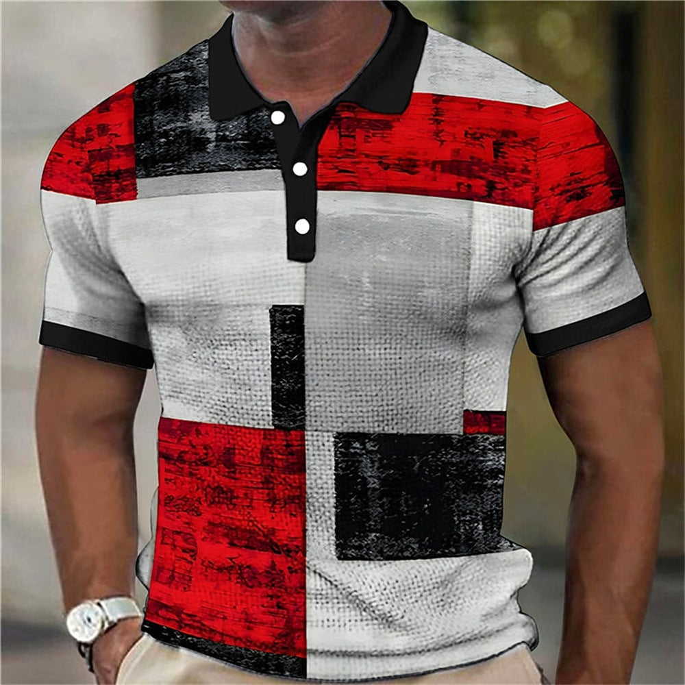 Fashion Men'S Polo Shirts 3d Splicing Plaid Printing Art Men