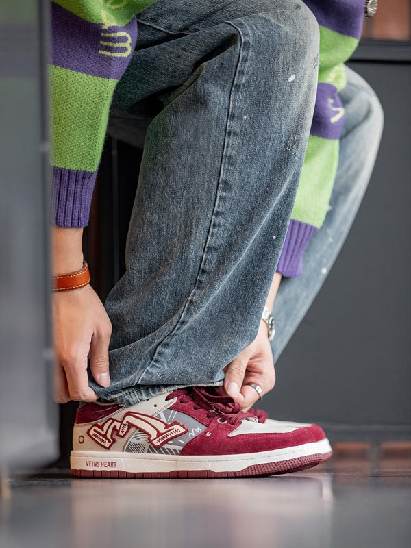 Trendy Wine Red Street Sports Shoes with Color-Blocking Pattern, Unisex, Sizes 35-45