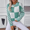 Autumn Color Block Plaid Sweater - Khaki Green S-XL. Stylish, durable pullover, polyester material, long-sleeved for warmth.