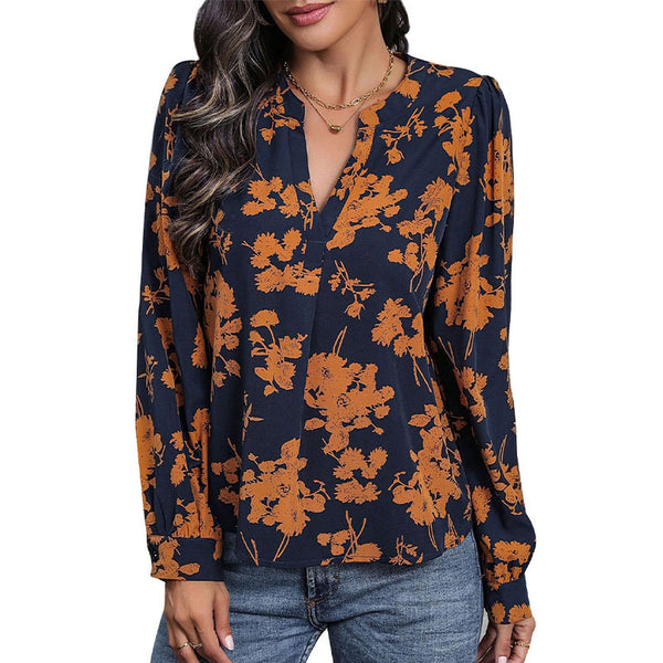 Chic V-Neck Pullover Shirt with Stylish Print, Polyester, Long Sleeve - Women's Fashion Casual/Formal Attire